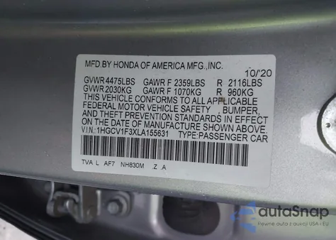 2020 Honda Accord Sport из США, поврежденный, VIN 1HGCV1F3XLA155631